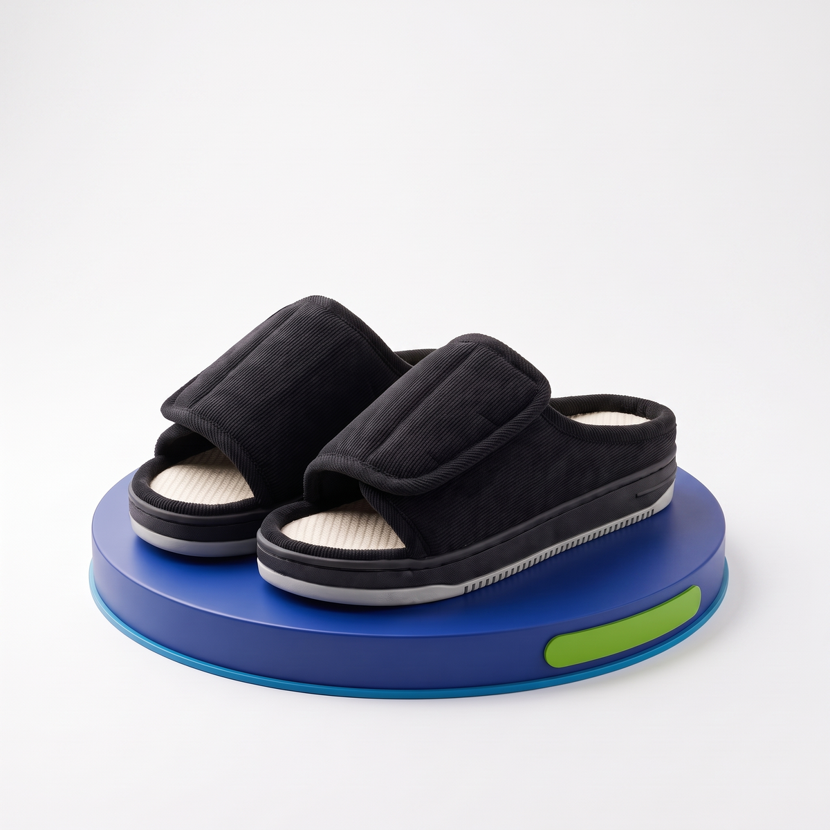 Black Velthek ComfortFit open-toe slippers — front view