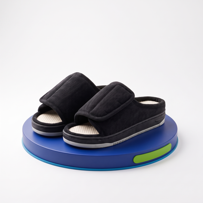 Black Velthek ComfortFit open-toe slippers — front view