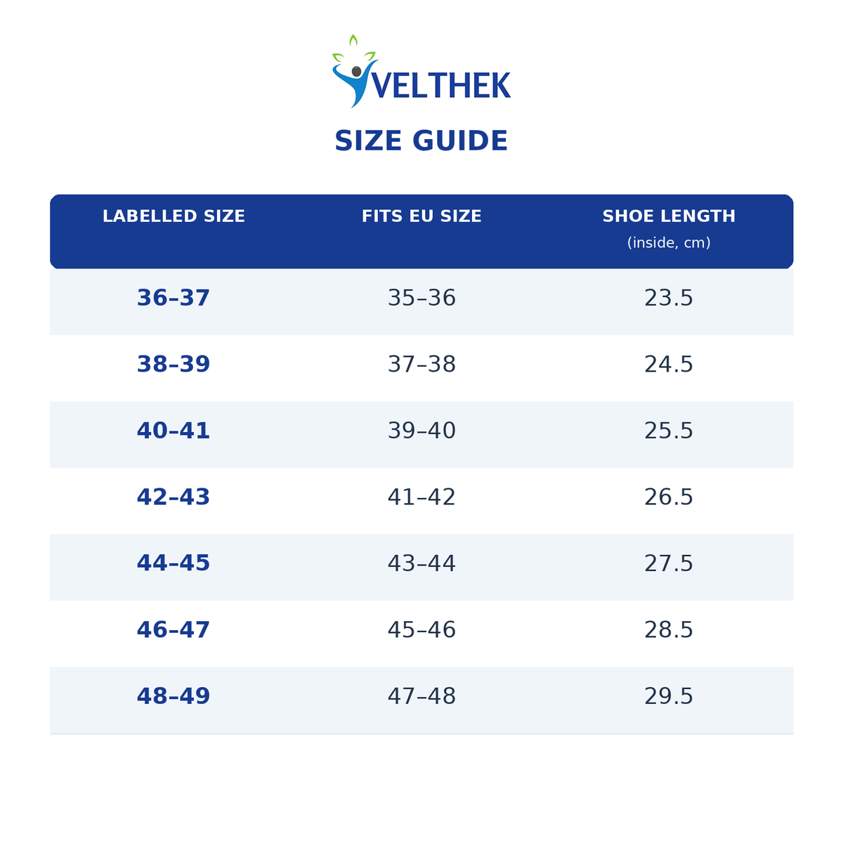 Velthek Size Guide